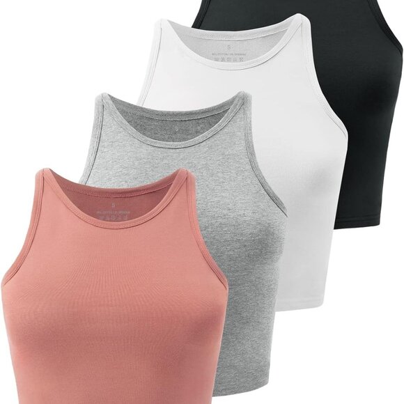 Black, White, Grey, Coral Red Women's Workout Crop Tops, High Neck, Slim Fit, Pa - Picture 1 of 5